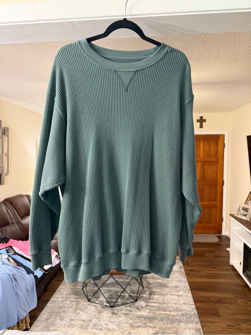 aerie Waffle Knit Pullover in Dark Sage
